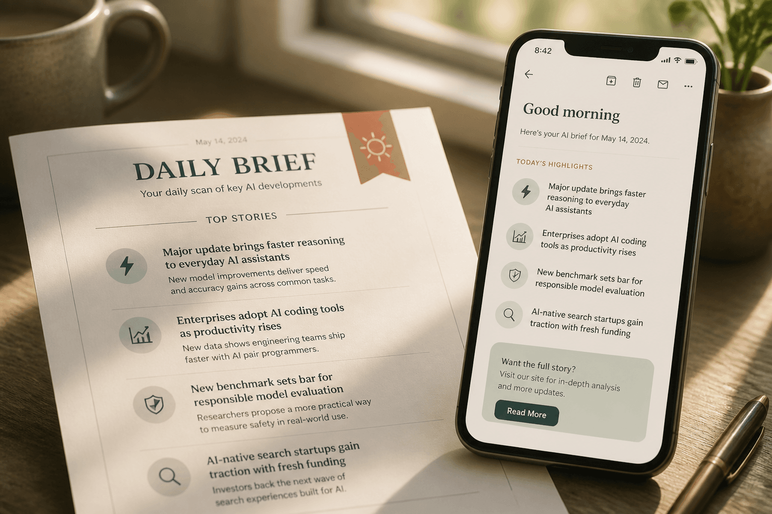 A printed daily brief beside a phone showing an email digest